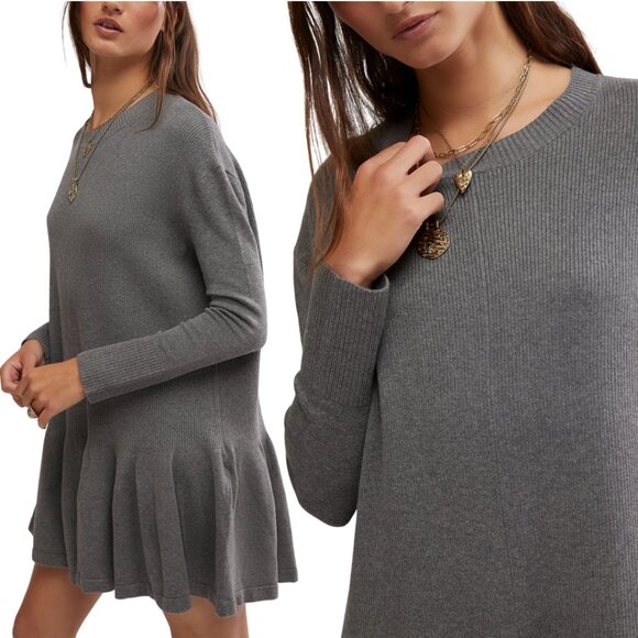 Free People Time On My Side Sweater Mini Dress Women XL Gray Knit Drop Waist NWT - Picture 3 of 16